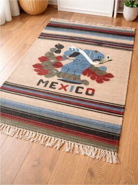 Vintage Mexican Kilim Style Rug 3x5 Flatweave Bird Motif